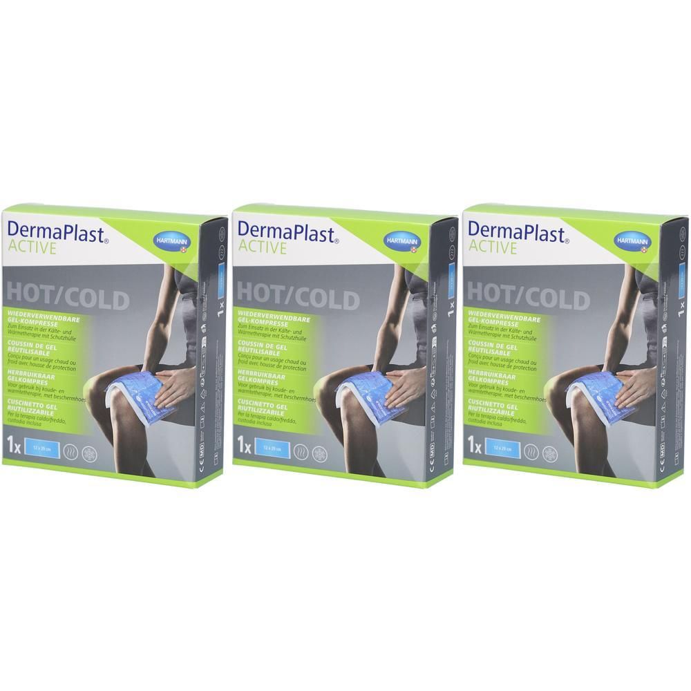 Drei Schachteln. Auf jeder steht DermaPlast Active HOT/COLD. Abgebildet ist eine Person mit einem blauen Kältepack auf dem Knie.