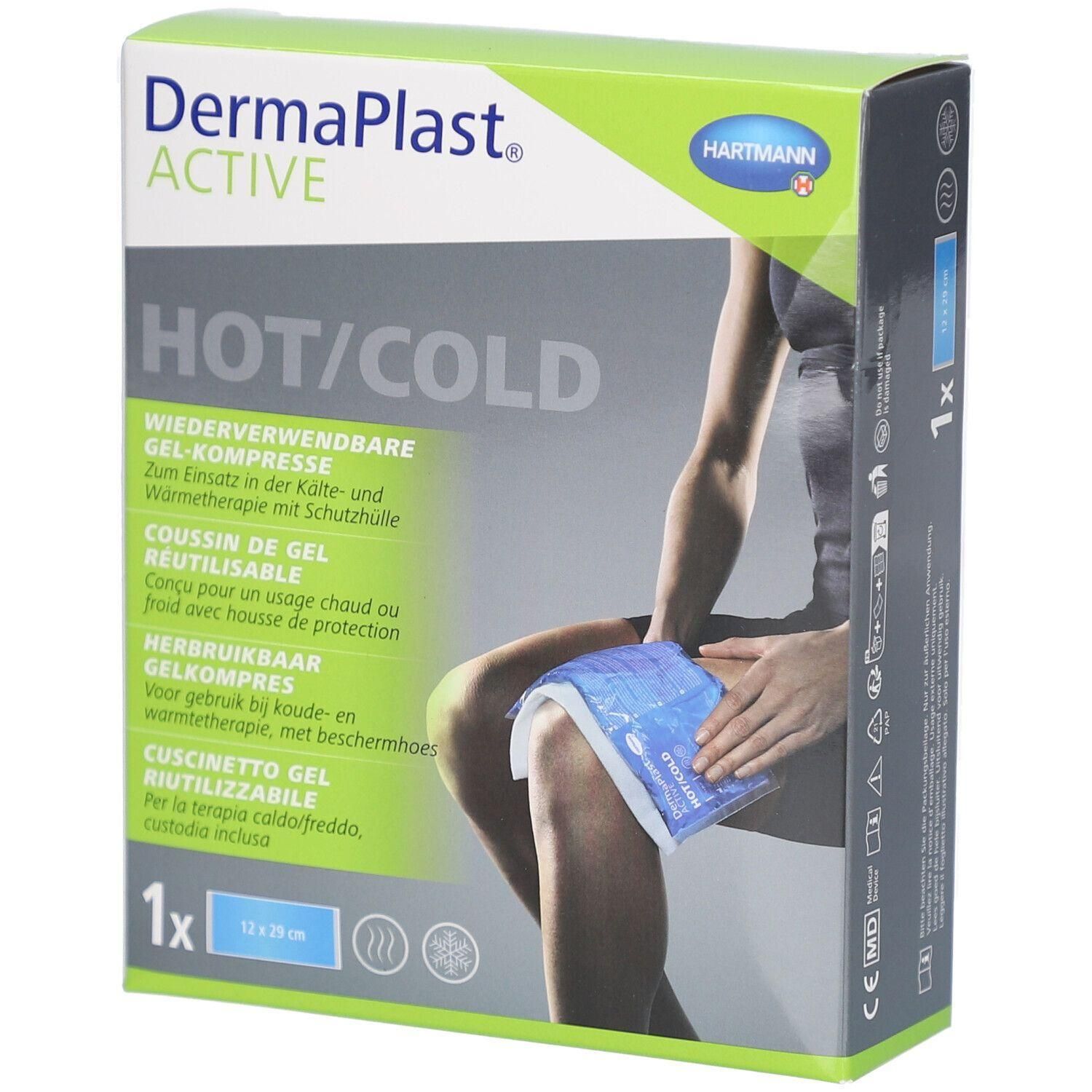 Verpackung von DermaPlast Active Hot/Cold Gel-Kompresse. Wiederverwendbar, mit Schutzhülle. Enthält 1 Stück. Marke Hartmann.