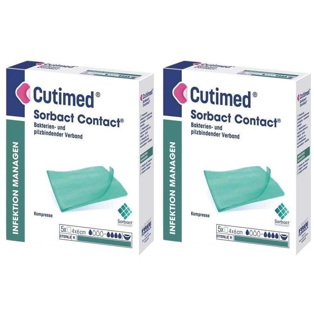 Zwei Packungen Cutimed Sorbact Kontakt Kompresse, 4x6cm. Grüne Kompressen auf Verpackung abgebildet.
