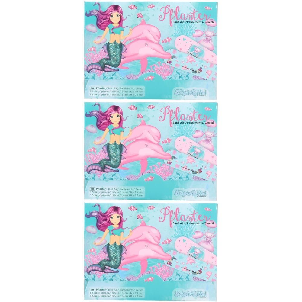 Plusieurs paquets de pansements avec motif de sirène et dauphin. Couleurs turquoise et rose. Texte: Pflaster, Band-Aid, Pansements.