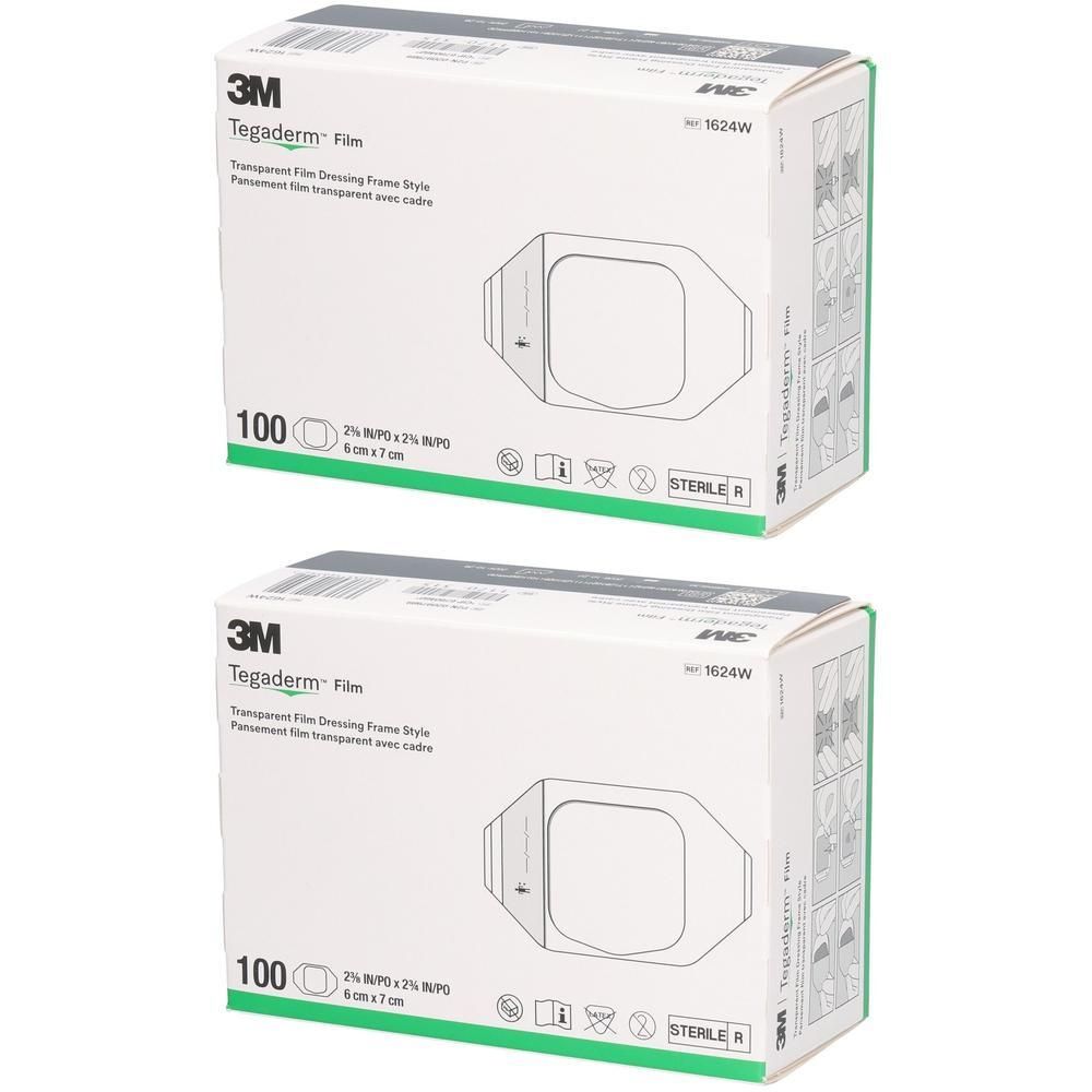Deux boîtes de 3M Tegaderm Film. Inscription : 100 pièces, 6x7cm, stérile. Logo 3M.
