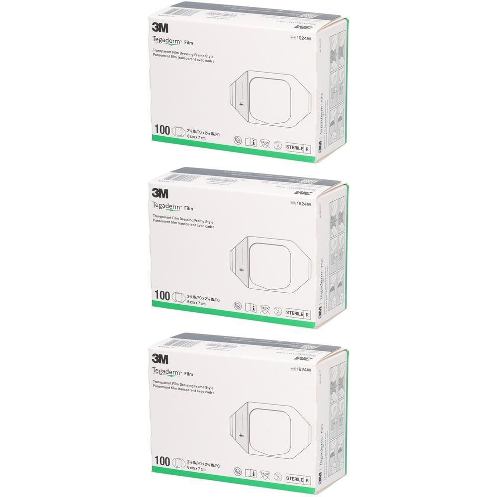 Trois boîtes de 3M Tegaderm Film. Inscriptions : 100 pièces, 6x7cm, stérile. Emballage vert et blanc avec image du produit.
