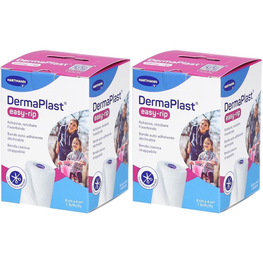 Deux boîtes de DermaPlast easy-rip. Emballage avec image du produit et nom du produit. 8cm x 4m.