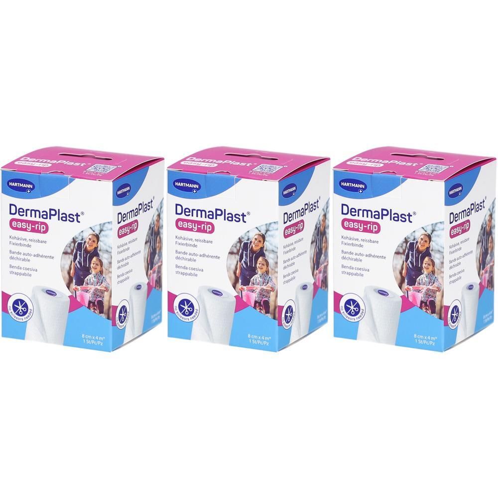 Trois boîtes de DERMAPLAST easy-rip. Emballage rose et blanc avec nom et image du produit. Rouleau de bandage visible.