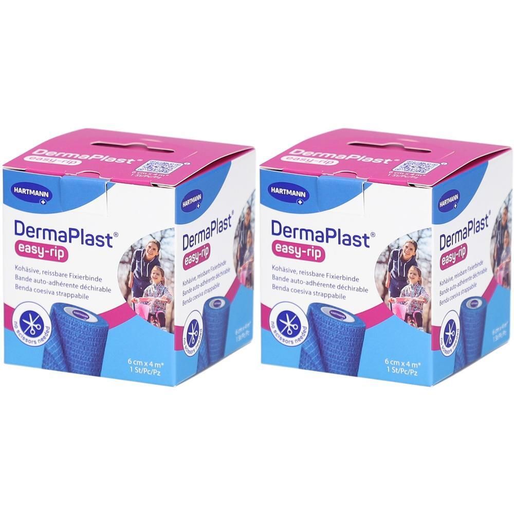 Deux boîtes de DERMAPLAST easy-rip. Bande de fixation bleue, 6cm x 4m. Emballage avec nom du produit, logo et illustration.