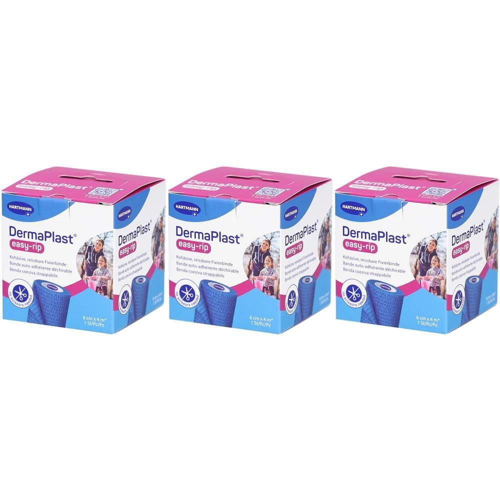 Trois boîtes de DERMAPLAST easy-rip. Chaque boîte montre un rouleau de bandage bleu. Impression: easy-rip, 6cmx4m. Emballage avec photo de famille.