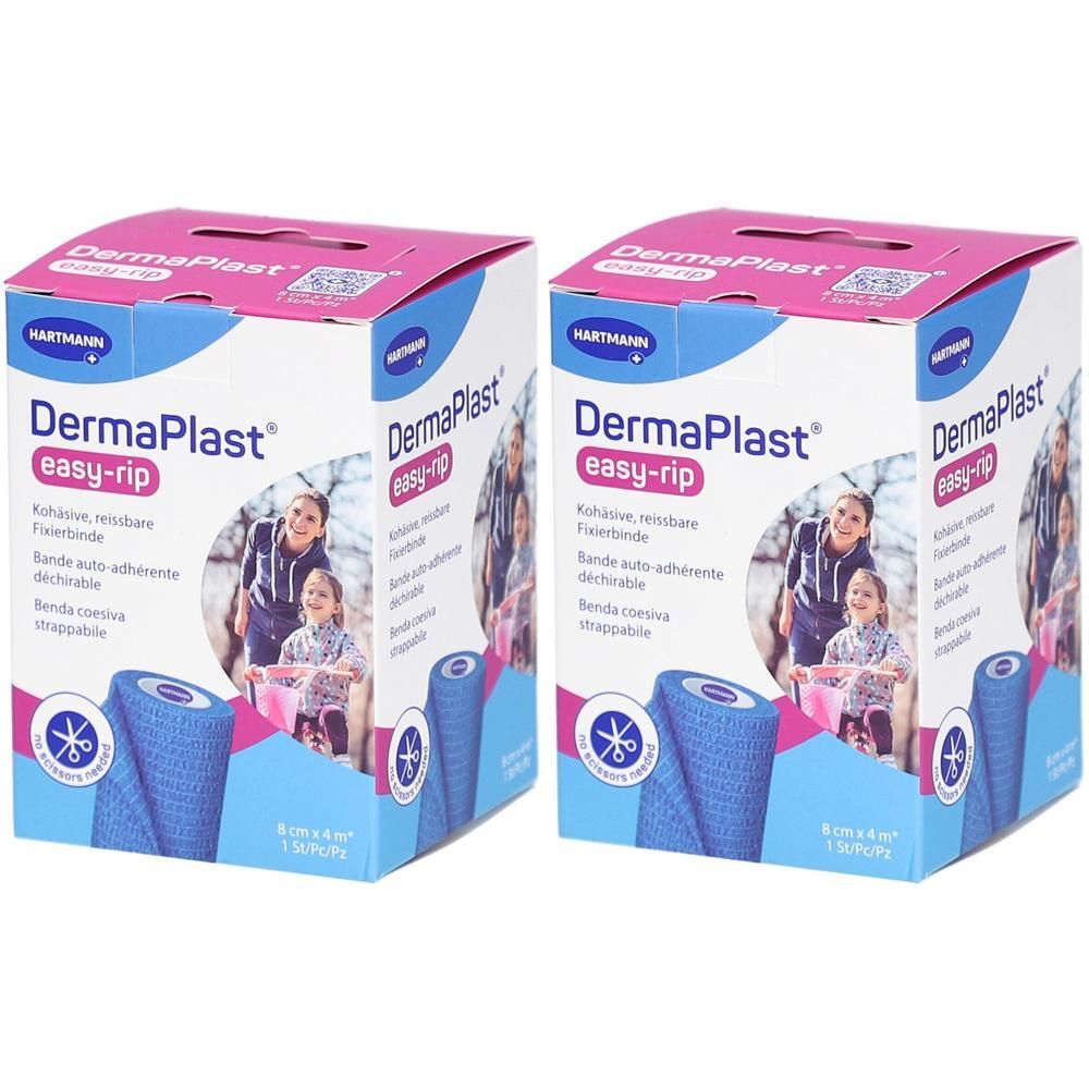 Deux boîtes de DermaPlast easy-rip. Bandages bleus en boîtes. Inscriptions : Hartmann, easy-rip, 8cm x 4m.