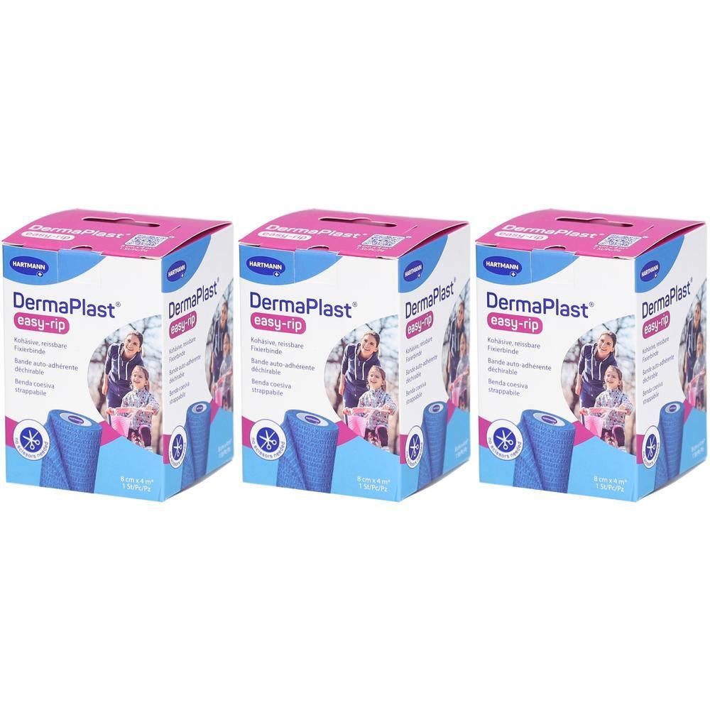 Trois boîtes de DERMAPLAST easy-rip. Rouleaux bleus dans des boîtes blanches à couvercle rose. Inscriptions : logo, nom du produit, image mère et enfant.