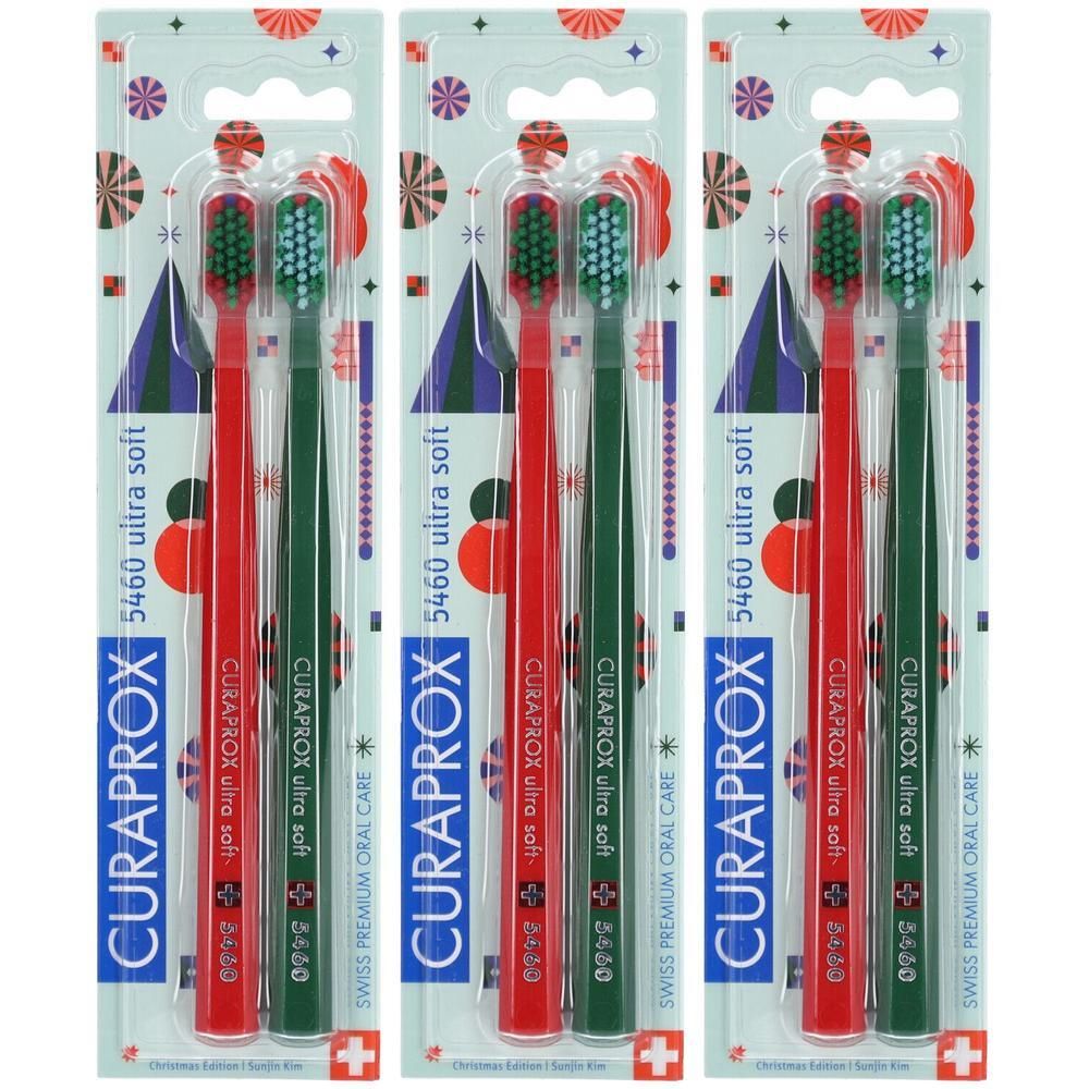 Drei Packungen mit je zwei Curaprox Zahnbürsten, rot und grün, 5460 ultra soft.
