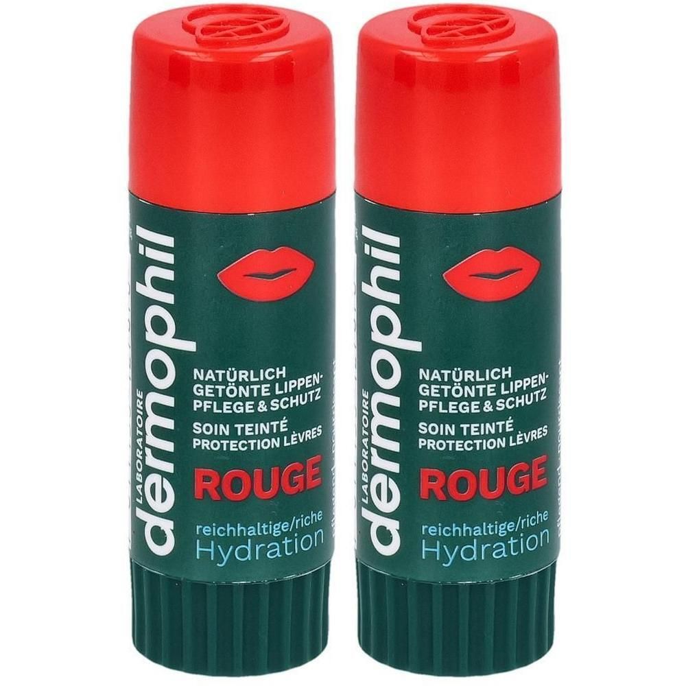 Zwei Lippenstifte mit roter Kappe und grünem Etikett. Aufschrift: dermophil, Rouge, natürliche Lippenpflege.