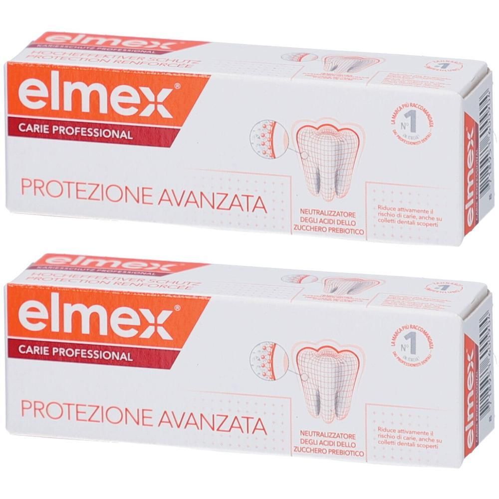 Zwei Schachteln ELMEX Kariesschutz Professional Zahnpasta. Weiße Verpackung mit roter und orangefarbener Schrift. Zahn-Illustration.
