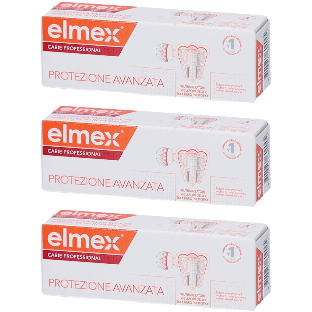 Drei weiße Kartons mit roter und orangefarbener Schrift. Auf jedem steht "elmex CARIE PROFESSIONAL" und "PROTEZIONE AVANZATA".
