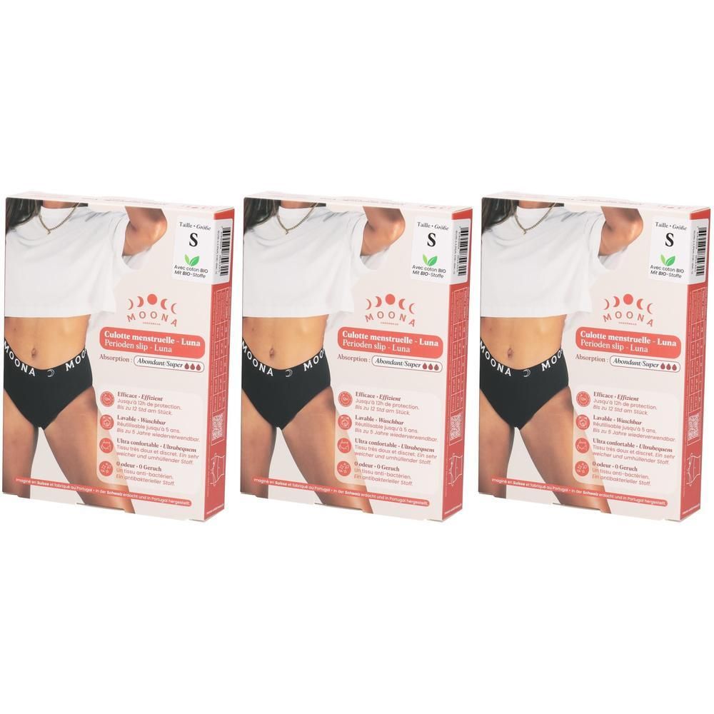 Drei Packungen MOONA Menstruationsslips Luna, Größe S, starker Fluss. Schwarze Slips mit weißem Logo.