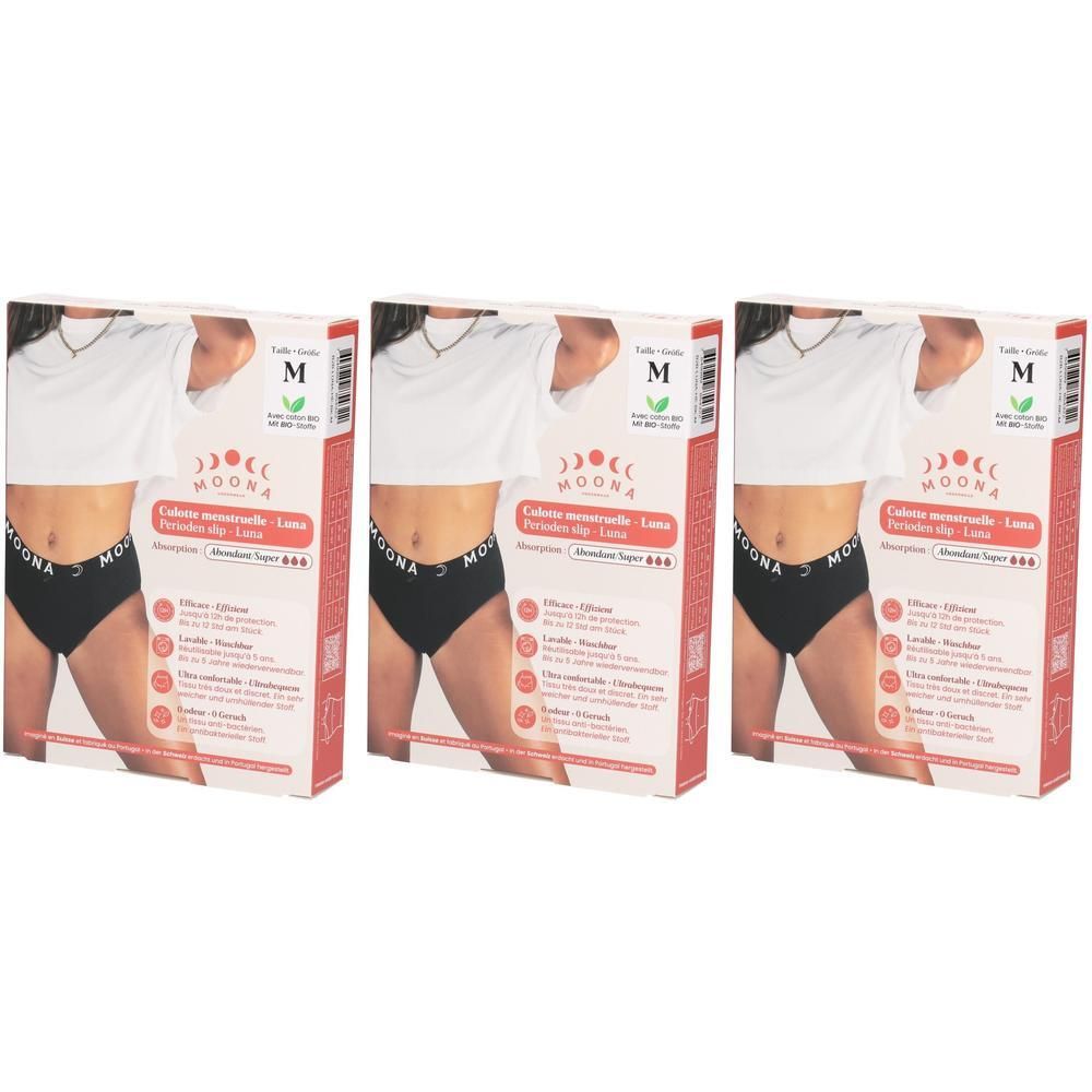 Drei Packungen MOONA Menstruationsslips, Größe M, starker Fluss. Schwarze Slips mit weißem Bund.