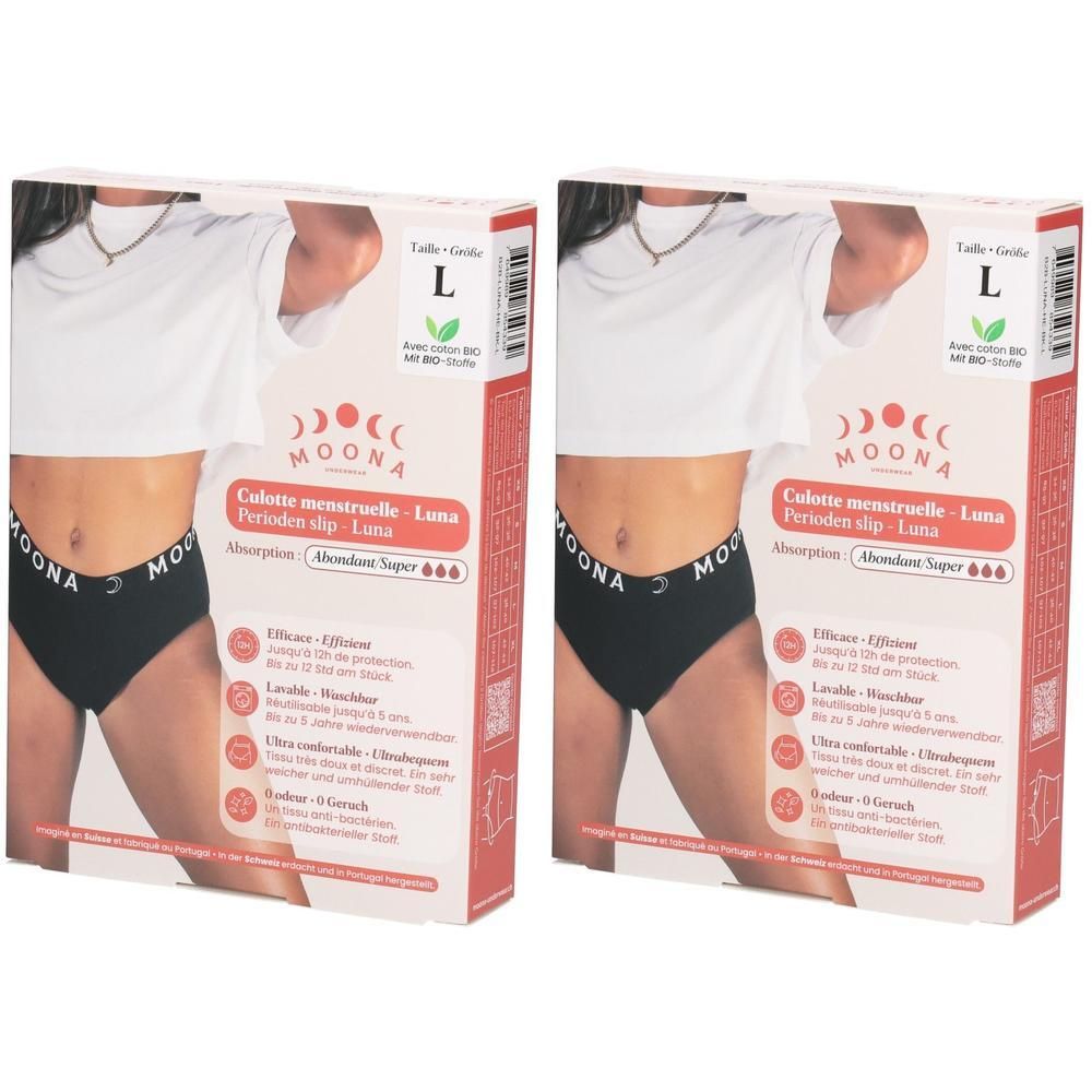 Zwei Packungen MOONA Menstruationsslips Luna, Größe L, starker Fluss. Schwarze Slips mit MOONA-Logo am Bund.