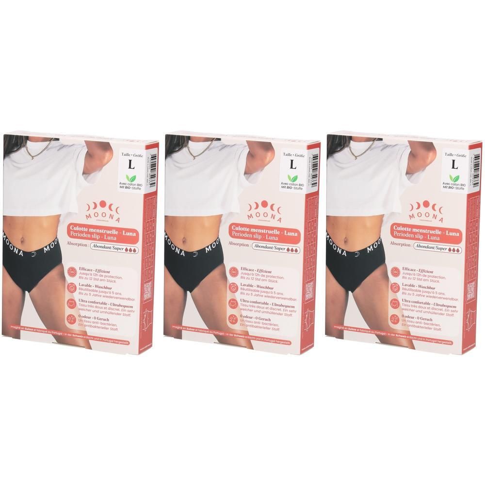 Drei Packungen MOONA Menstruationsslips, Größe L, starker Fluss. Schwarze Slips mit breitem Bund.