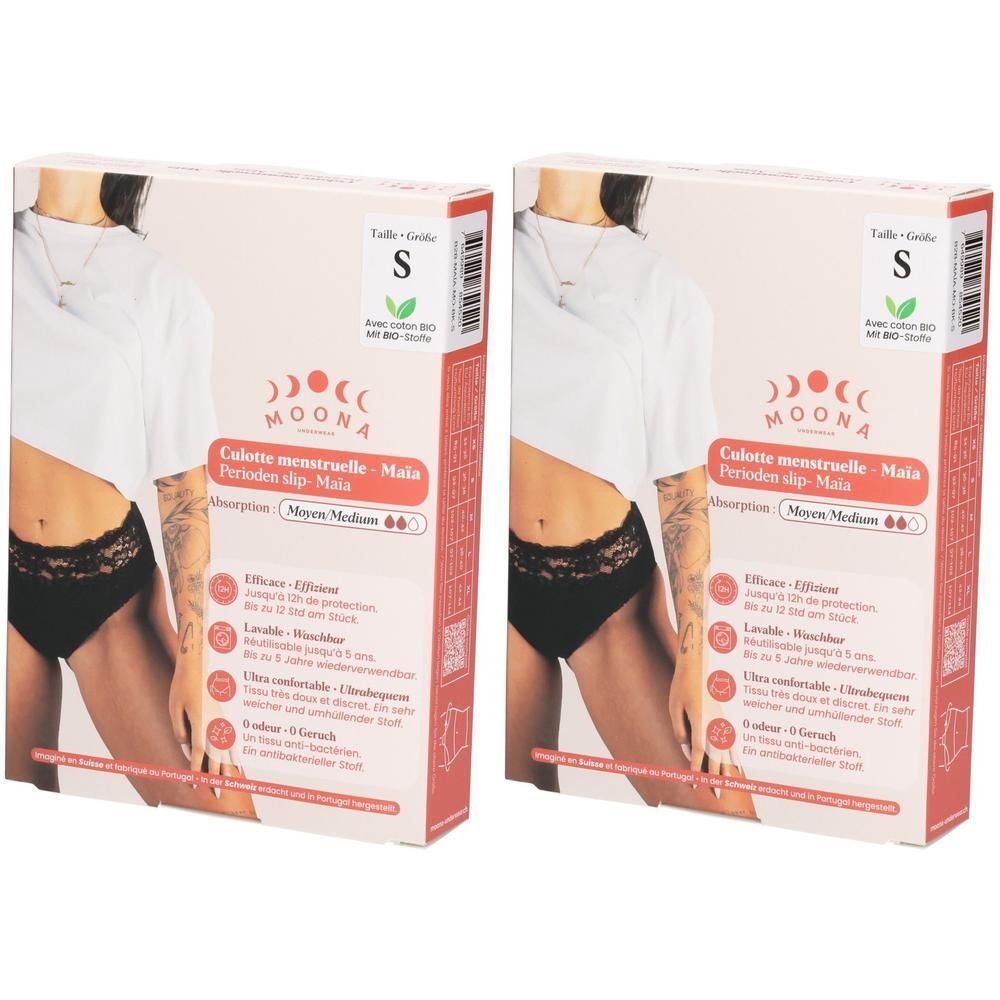 Zwei Packungen MOONA Menstruationsslips, Größe S, mittlerer Blutfluss. Schwarze Slips mit Spitzenbund.