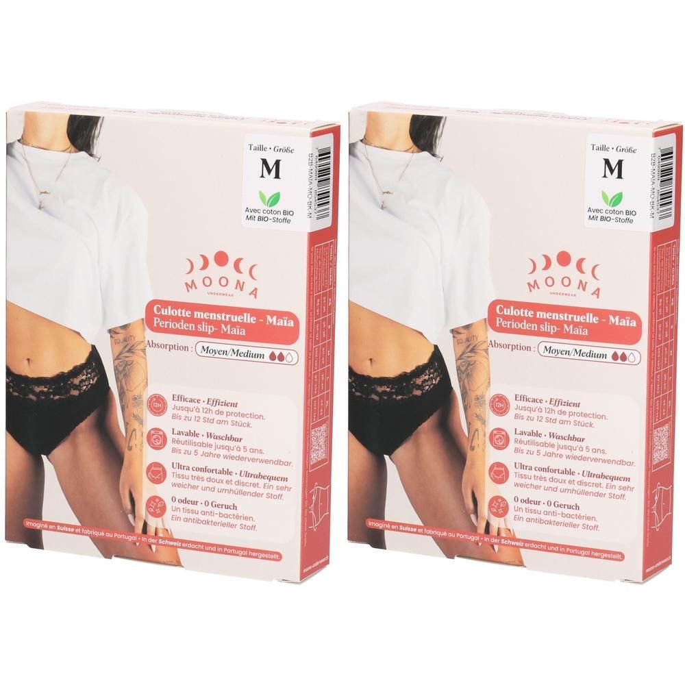 Zwei Packungen MOONA Menstruationsslips Maïa, Größe M, mittlerer Blutfluss. Schwarze Spitze.
