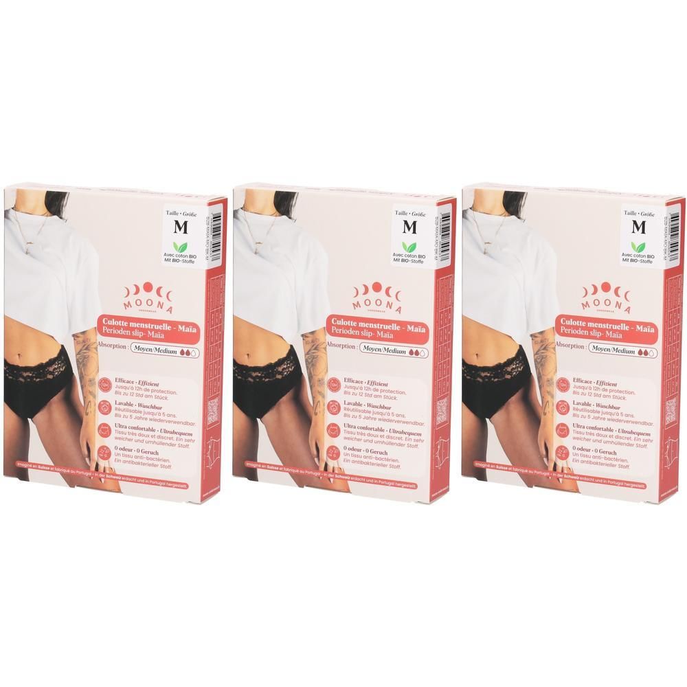 Drei Packungen MOONA Menstruationsslips Maïa, Größe M, mittlerer Blutfluss. Schwarze Slips mit Spitzenbund.