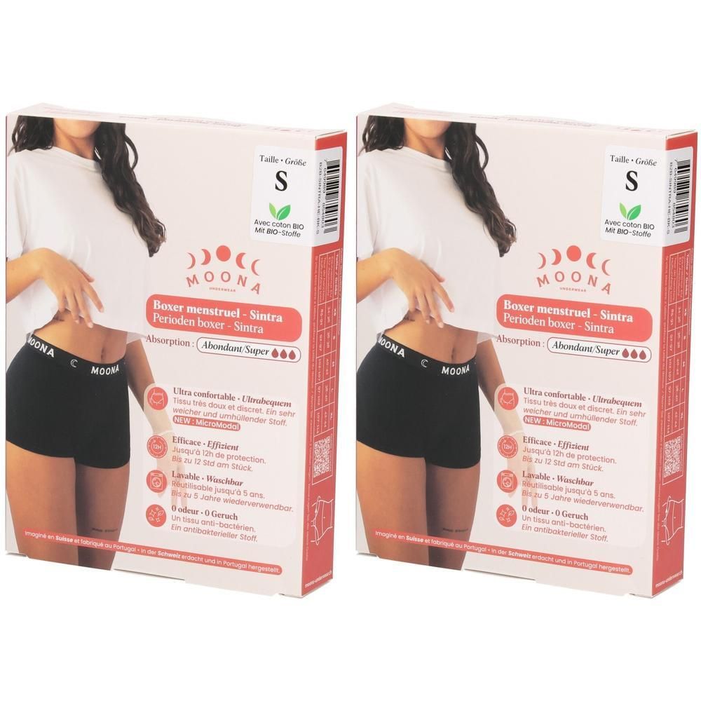 Verpackung mit zwei schwarzen Perioden-Boxershorts, Größe S, mit MOONA Logo.