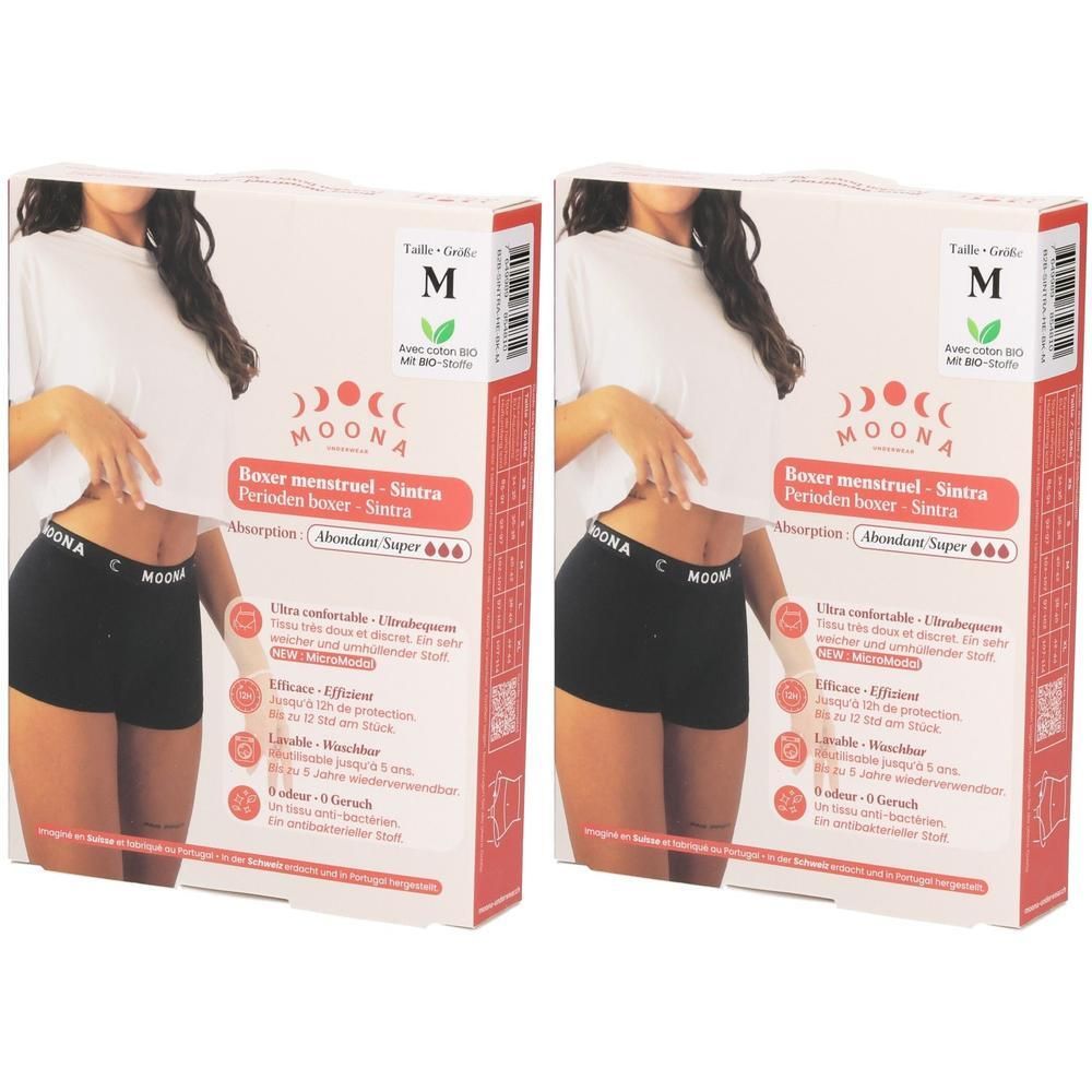 Deux paquets de boxers menstruels MOONA Sintra, taille M, flux abondant. Sous-vêtements noirs avec logo rouge.