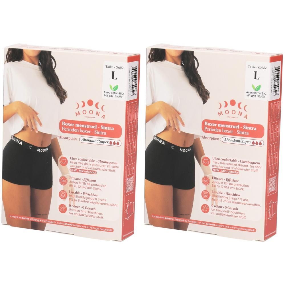 Zwei Packungen MOONA Menstruationsunterwäsche, Größe L, schwarz, mit Aufdruck.