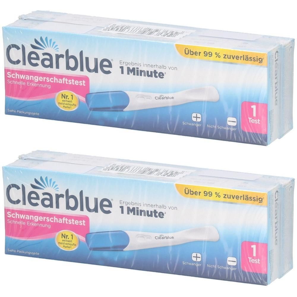 Zwei Packungen Clearblue Schwangerschaftstest. Blaue und weiße Teststreifen. Text: Ergebnis in 1 Minute, über 99% zuverlässig. Nr. 1.