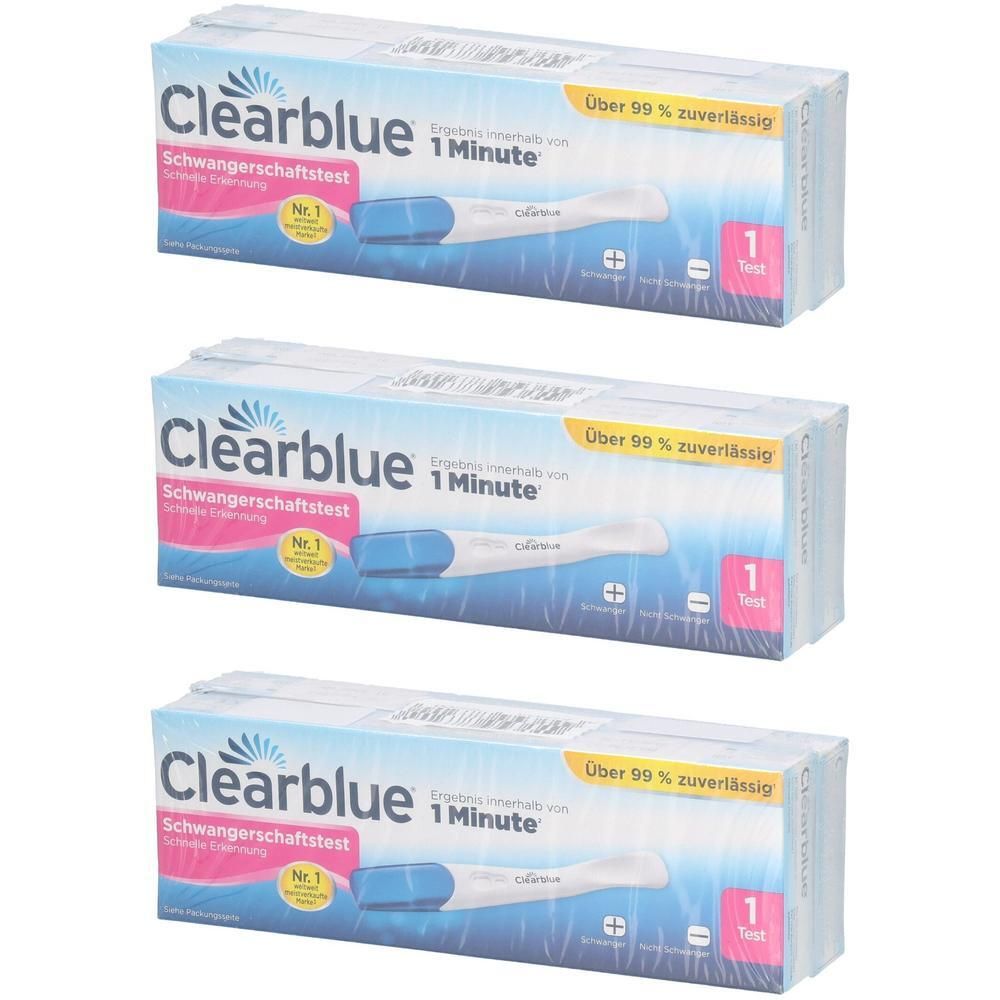 Drei Packungen Clearblue Schwangerschaftstest. Jede Packung enthält einen Test. Aufschrift: Über 99% zuverlässig. Produktname und Marke deutlich sichtbar.