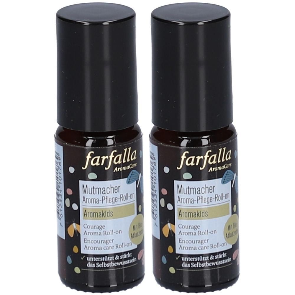 Deux roll-ons aromatiques Farfalla Mutmacher Aromakids dans des flacons en verre brun avec bouchons noirs.