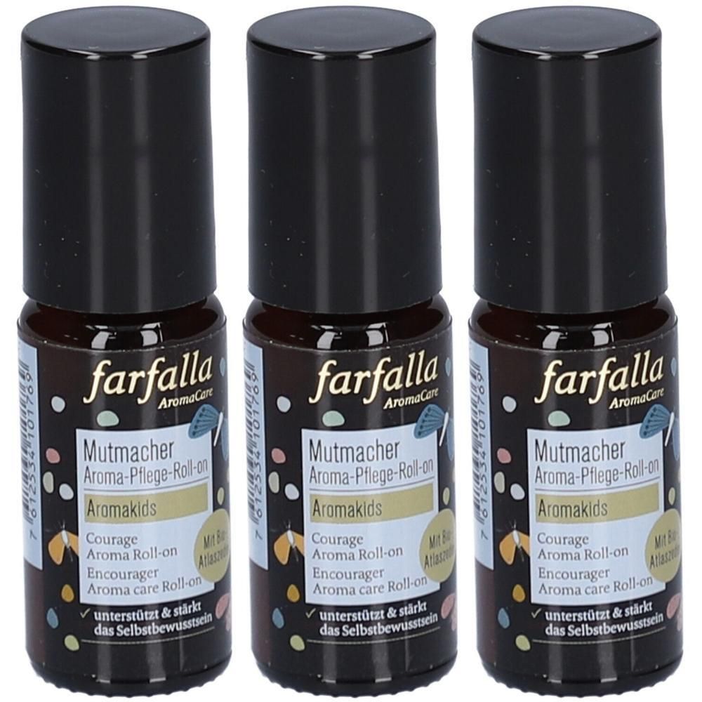 Trois flacons de Roll-On Aroma Mutmacher Farfalla pour Aromakids. Flacons en verre brun avec bouchons noirs.