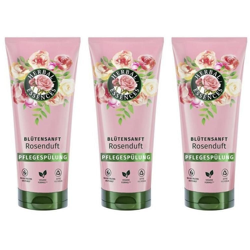 Drei Tuben Pflegespülung. Rosa Verpackung mit floralem Design und Logo. Text: Blütensanft Rosenduft, Pflegespülung. Grüne Kappe.