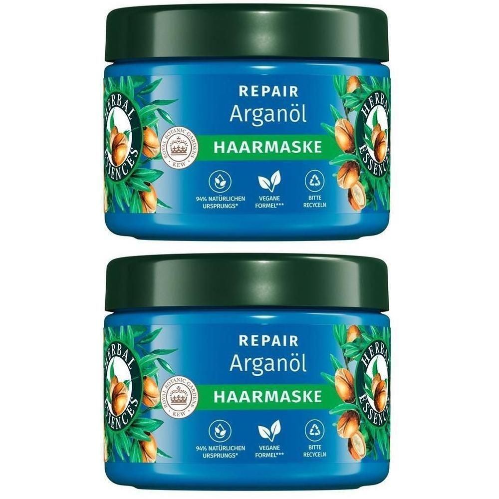 Zwei blaue Tiegel mit grünem Deckel. Aufschrift: Repair Arganöl Haarmaske. Logo: Herbal Essences. Mit Recycling-Symbol und veganer Formel.