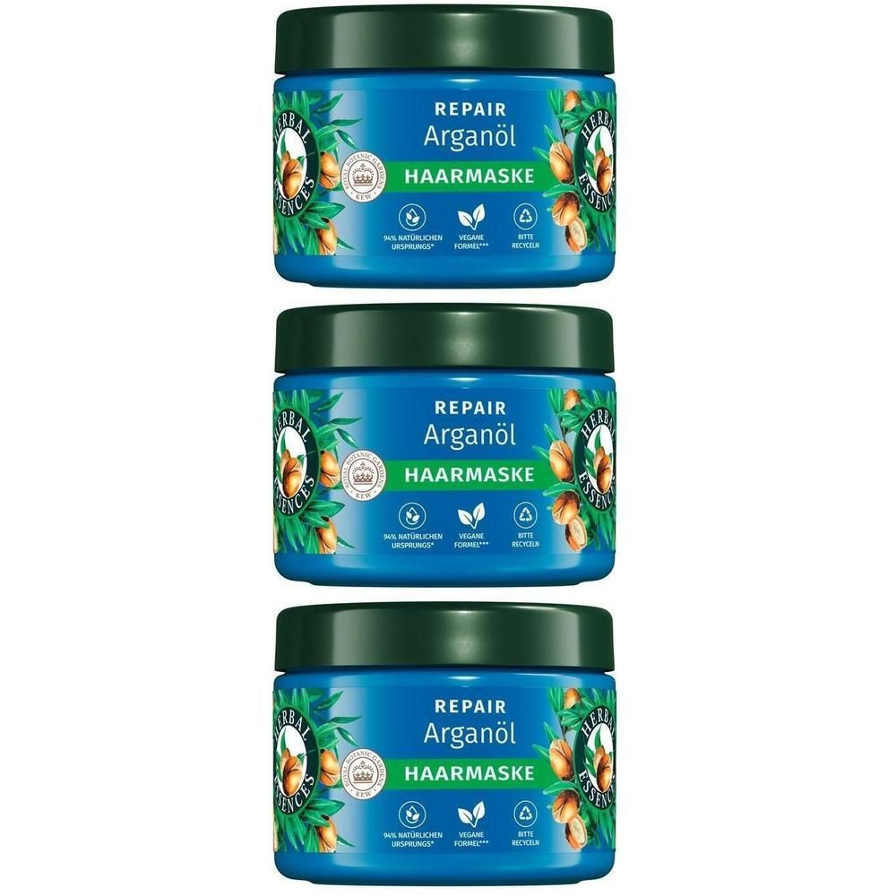 Drei blaue Tiegel mit grünem Deckel. Aufschrift: Repair Arganöl Haarmaske. Logo und Schriftzug Herbal Essences.