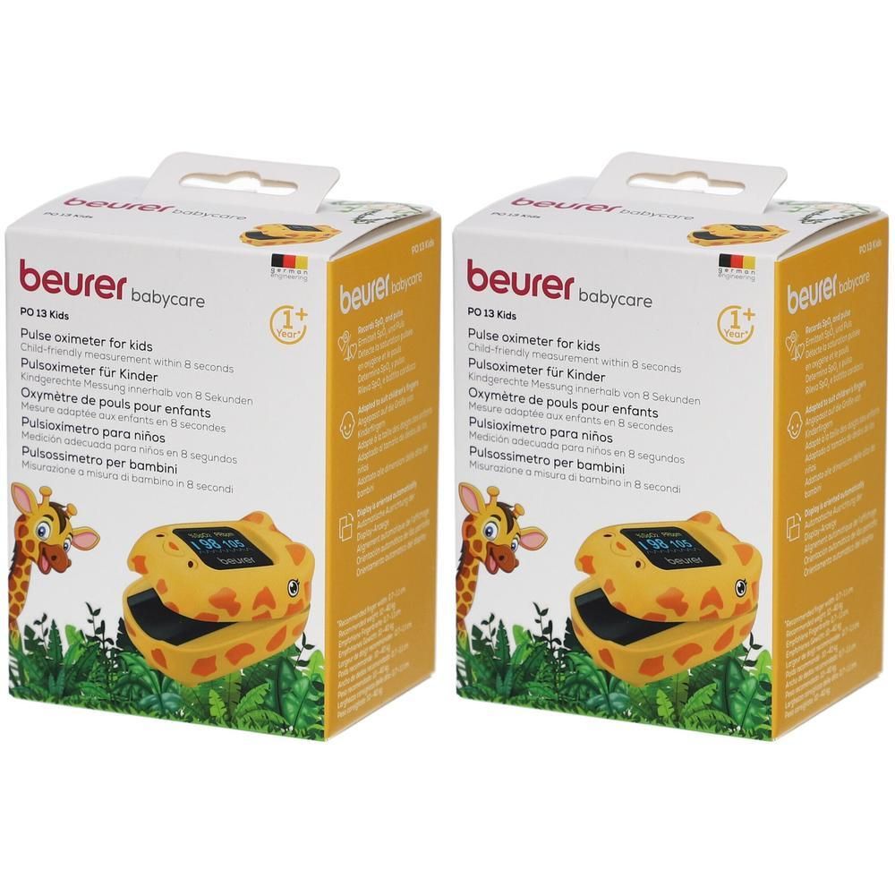 Zwei Verpackungen des Kinder-Pulsoximeters. Gelb-weißes Design mit Produktinformationen und Giraffen-Illustrationen. Marke: beurer.
