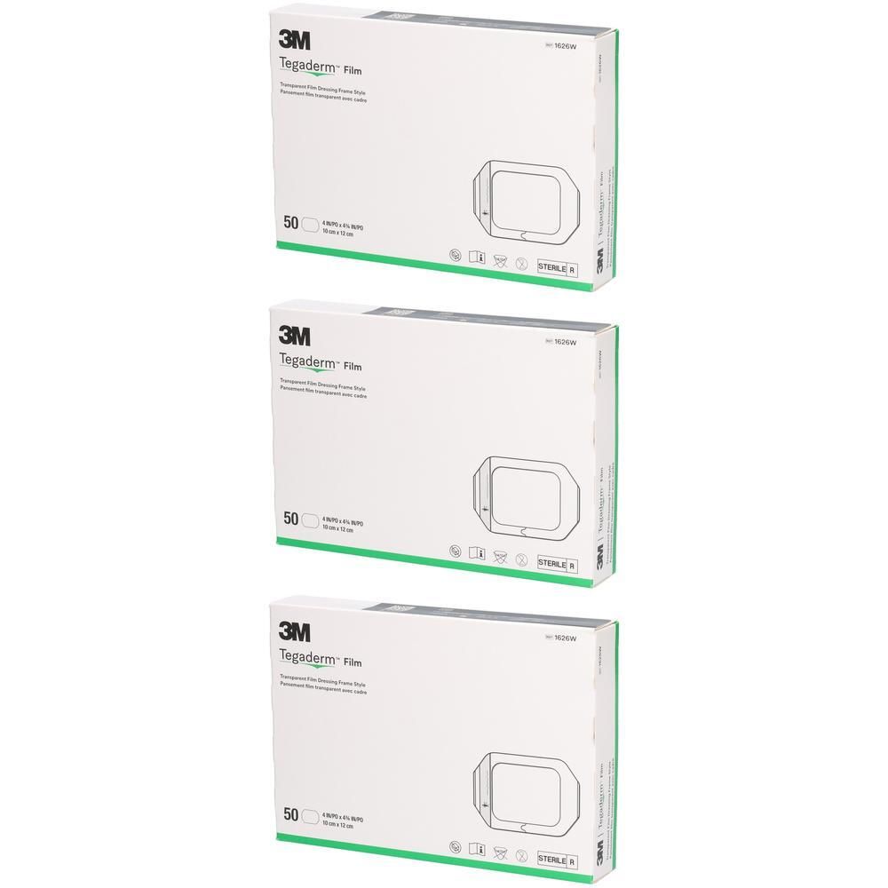 Trois boîtes blanches avec des accents verts. Inscription : 3M Tegaderm Film, 50 pièces, stérile. Forme rectangulaire aux coins arrondis.
