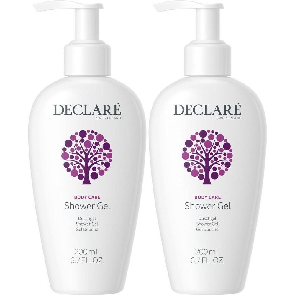 Deux flacons pompe blancs de gel douche DECLARÉ avec symbole d'arbre violet. 200ml.