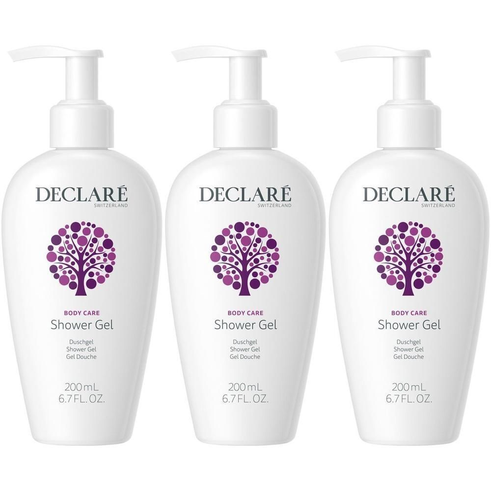 Trois flacons pompe blancs DECLARÉ Gel Douche avec symbole d'arbre violet. 200ml.