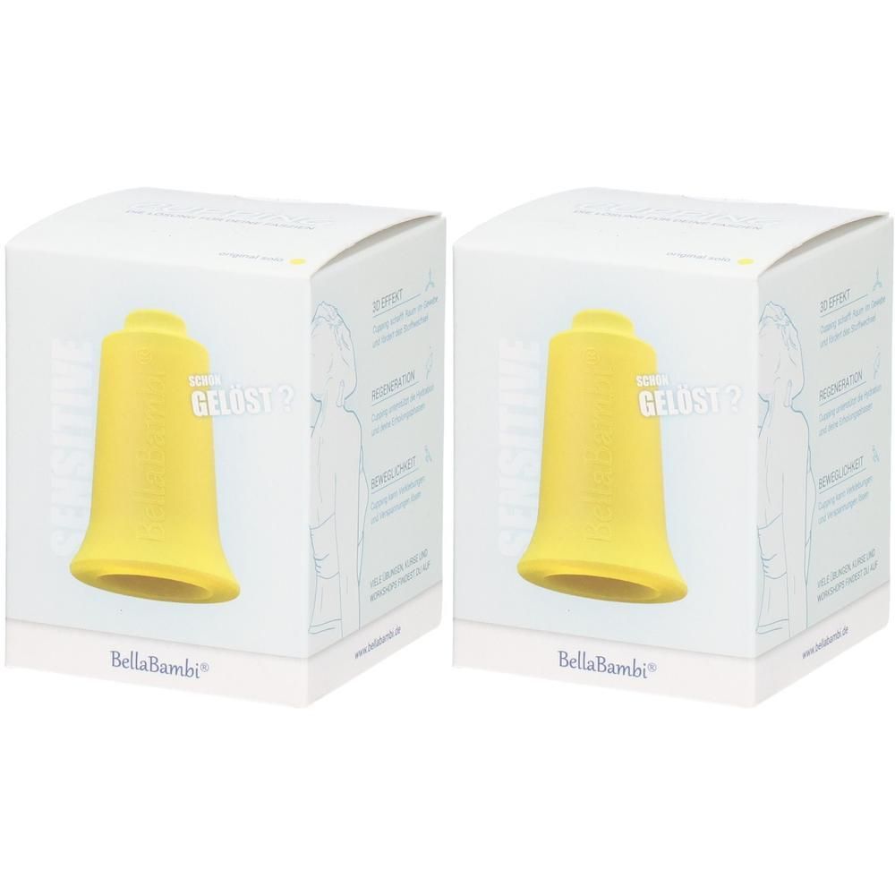 Deux cups jaunes dans des boîtes blanches. Inscription "GELOST". Marque BellaBambi.
