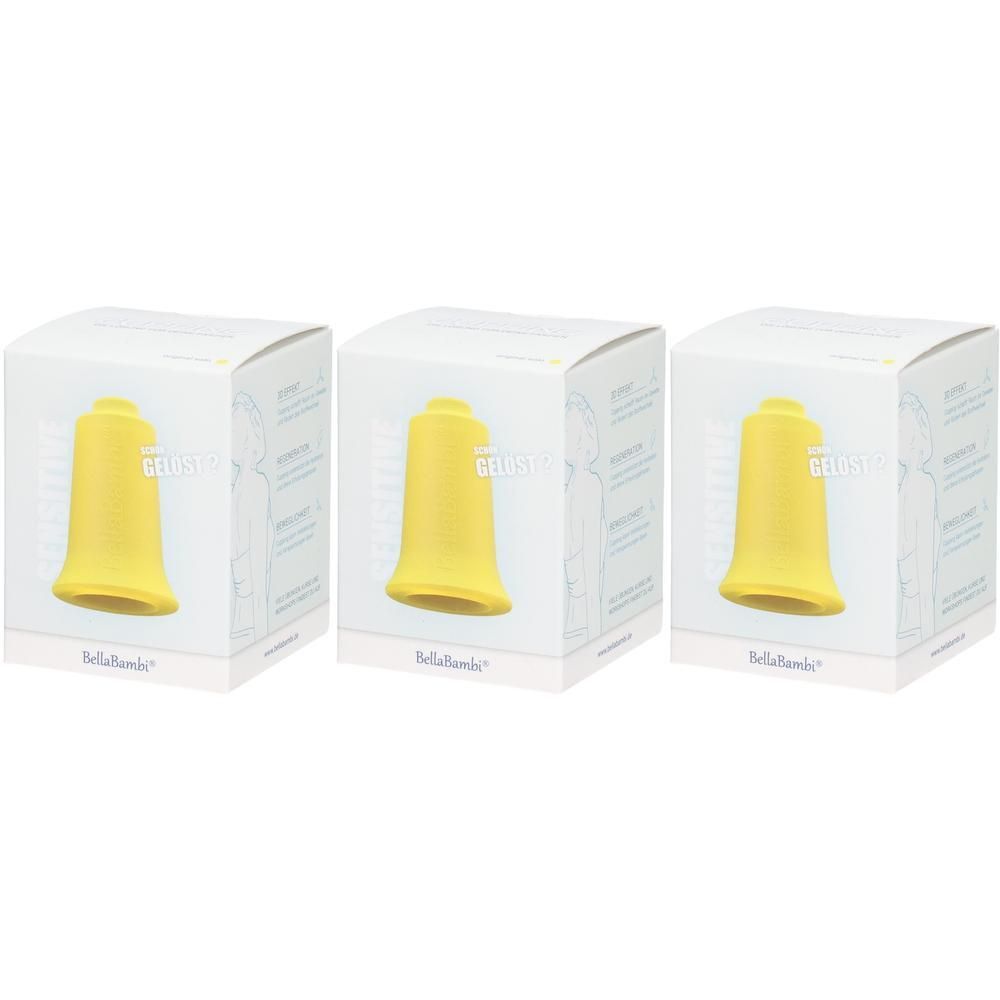 Trois boîtes avec des cups jaunes BELLABAMBI. Chaque boîte montre une cup. Inscription : GELB. Marque : BELLABAMBI.