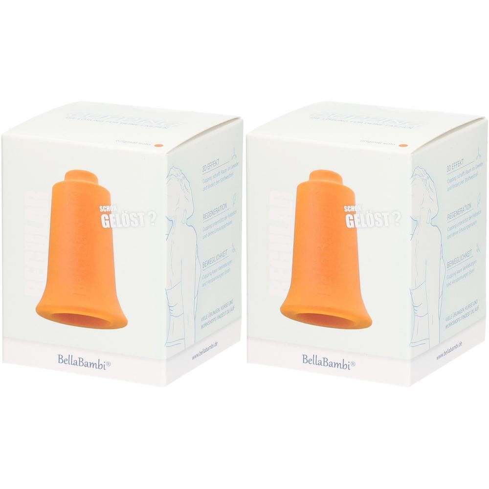 Deux boîtes avec des gobelets orange. BellaBambi est écrit sur les boîtes. Les gobelets sont cylindriques avec une base large.