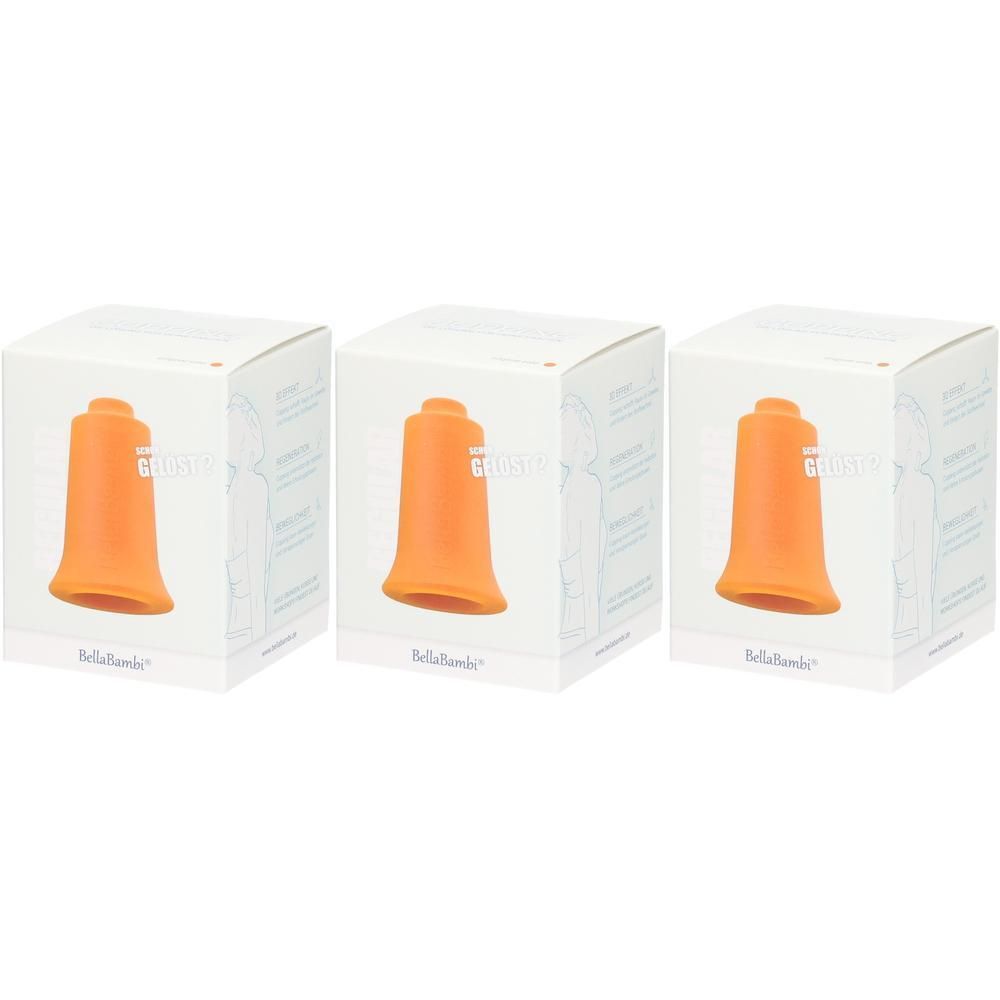 Trois boîtes avec des gobelets orange. Un gobelet est représenté sur chaque boîte. Le nom de la marque est Bellabambi.