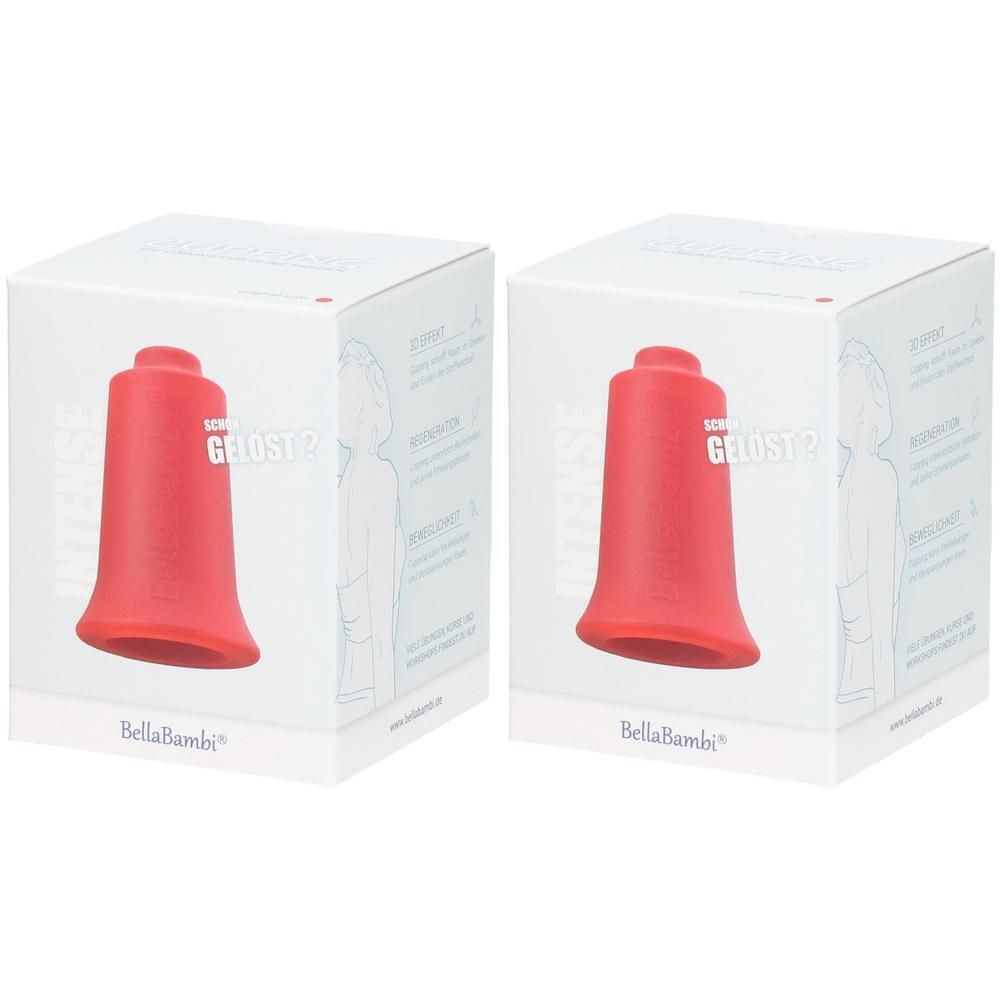 Deux produits rouges en forme de cloche dans des boîtes blanches. "INTENSE" et "GELUST 2" sont écrits sur les boîtes. Le nom de la marque "BellaBambi" est visible.