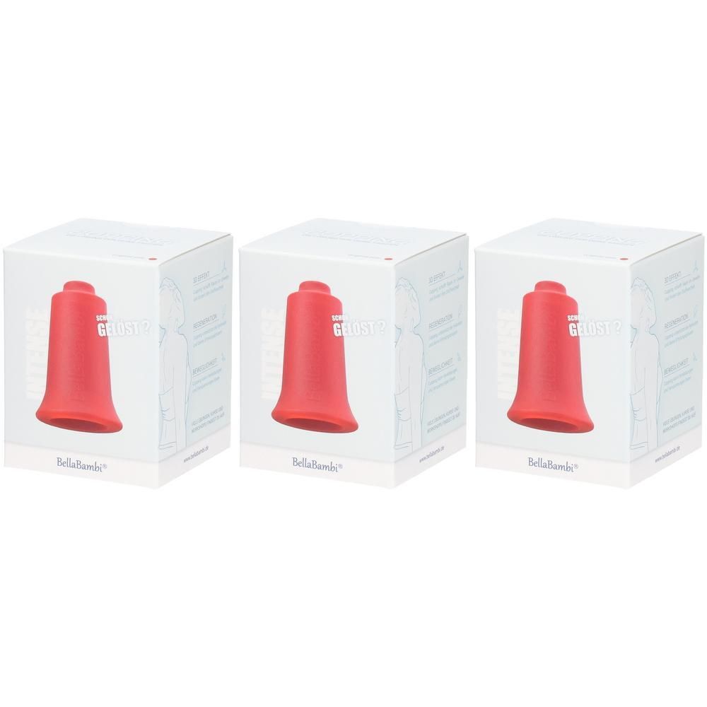 Trois produits rouges en forme de cloche dans des boîtes blanches. Le nom de la marque Bellabambi est visible.