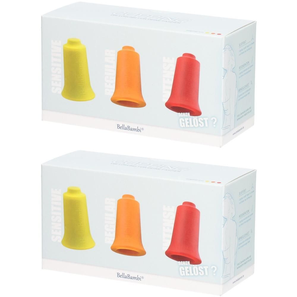 Zwei Produktverpackungen mit je drei farbigen Cups: gelb, orange, rot. Marke BellaBambi. Aufschrift: Sensitive, Regular, Intense.