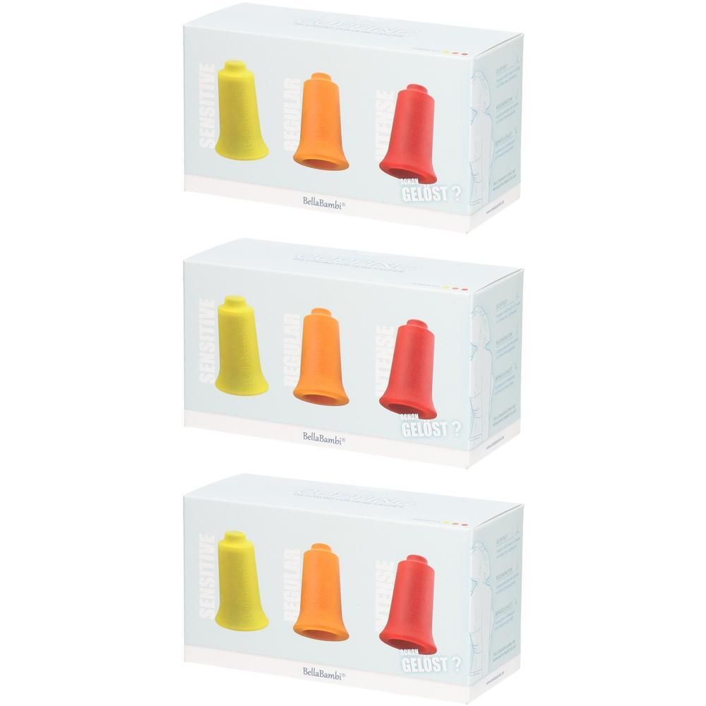 Drei Produktverpackungen. Jede Box enthält drei verschiedenfarbige, glockenförmige Produkte. Aufdrucke: "SENSITIVE", "REGULAR", "GELUST".