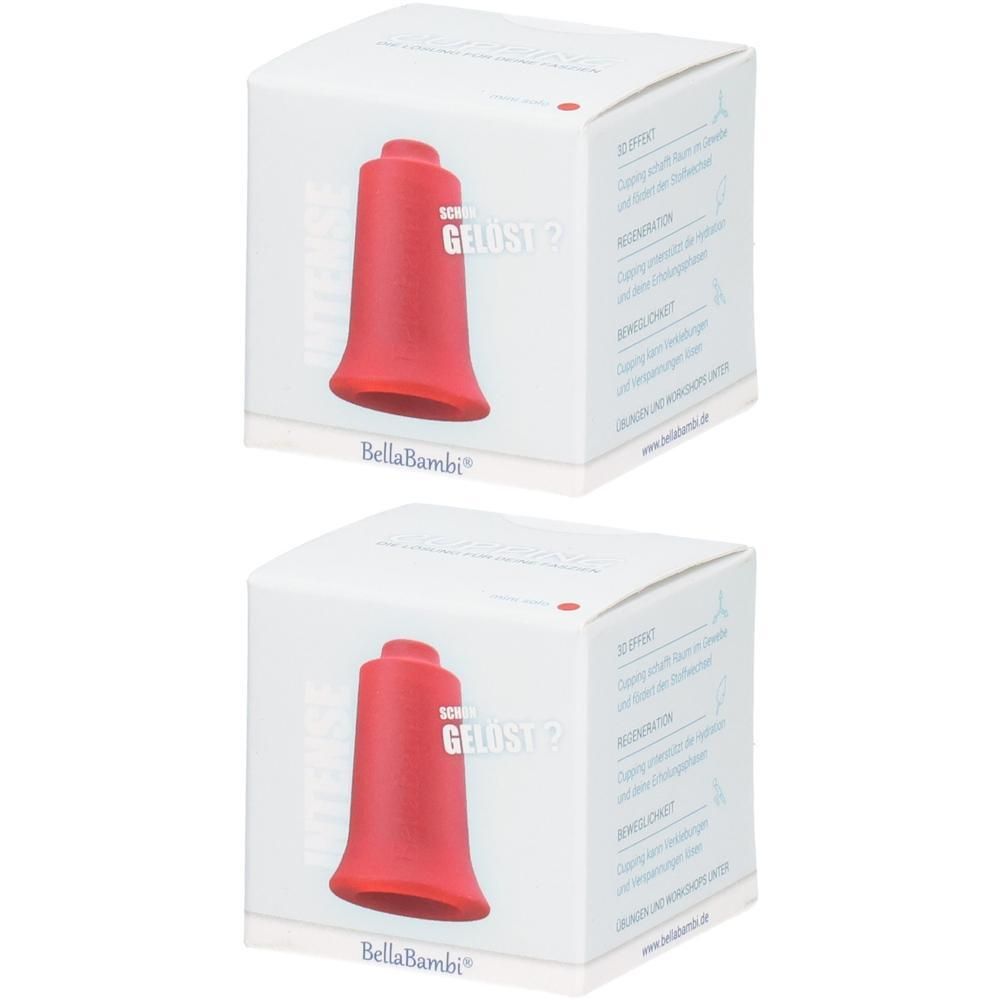 Deux boîtes avec produit rouge. Inscription: BellaBambi, texte. Produit rouge, forme conique.