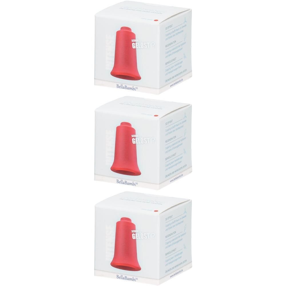 Drei weiße Kartons mit rotem Produkt. Auf jedem Karton ist ein rotes, glockenförmiges Produkt abgebildet. Der Markenname ist sichtbar.