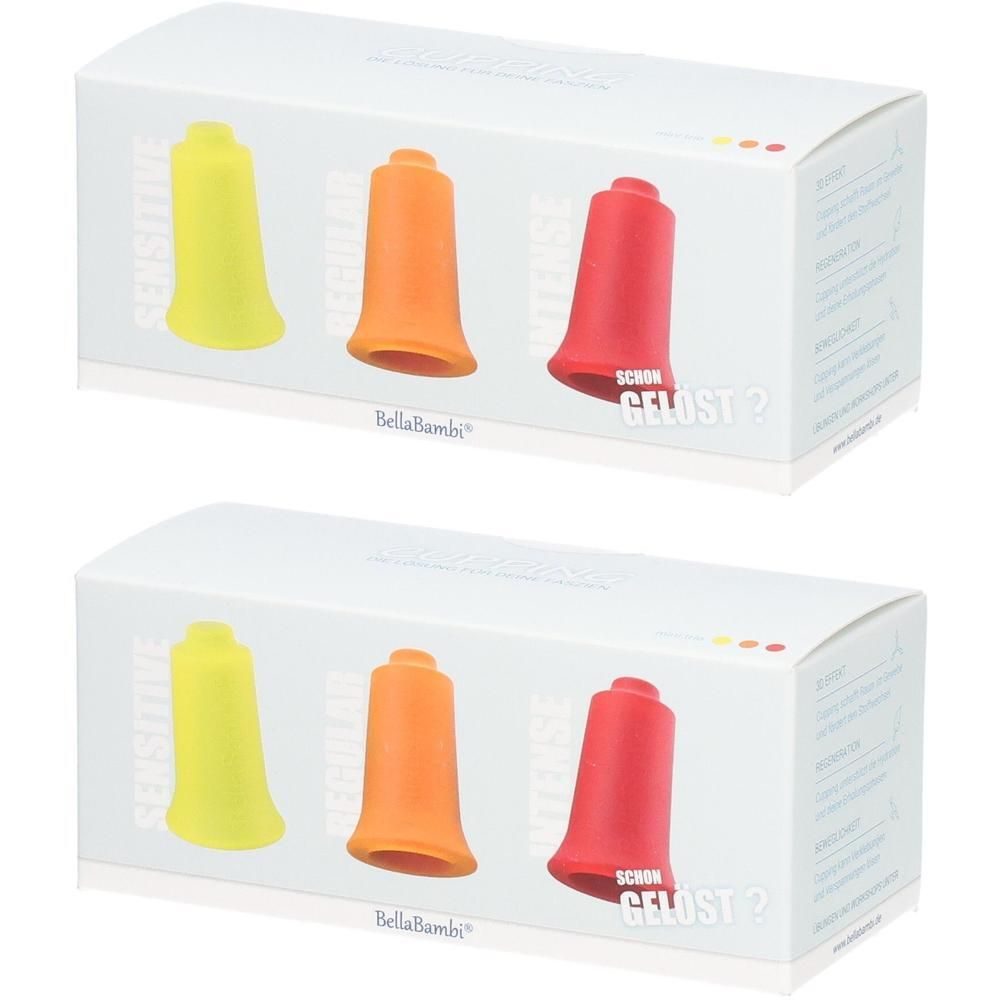 Zwei Produktverpackungen mit je drei farbigen Cups: gelb, orange und rot. Aufschrift: BellaBambi.