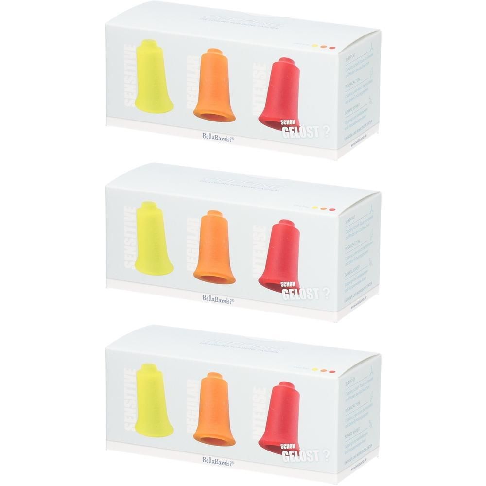 Drei Boxen mit je drei verschiedenfarbigen Cups. Gelb, orange und rot. Aufschrift: Sensitive, Regular, Intense. Marke: Bellabambi.