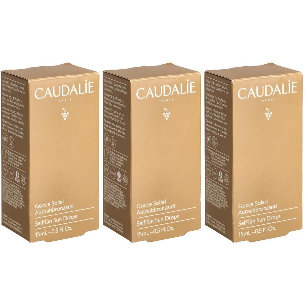 Trois boîtes CAUDALIE. Inscription: Gocce Solari, SelfTan Sun Drops. Contenu: 15ml - 0.5 Fl Oz. Couleur: marron clair.